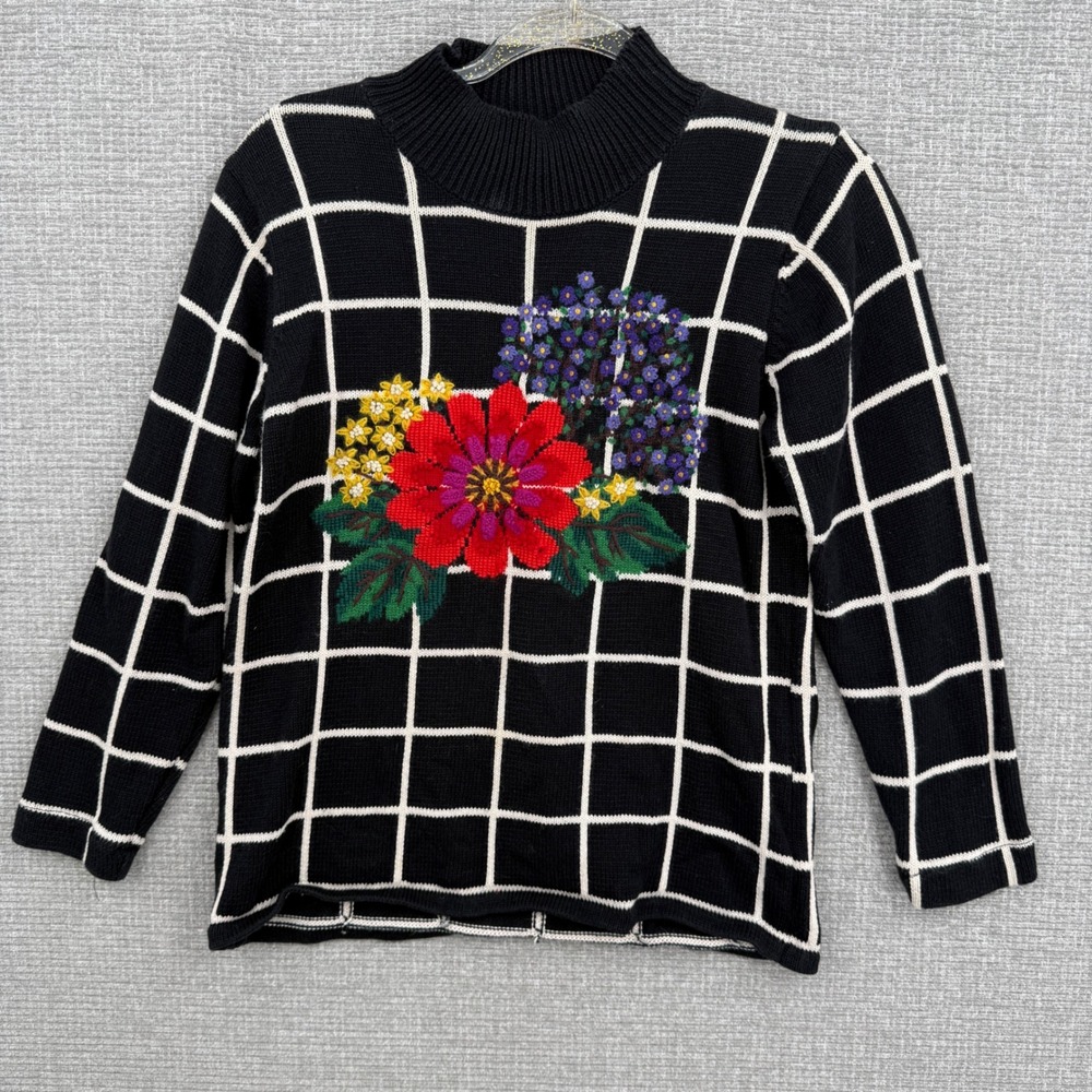 Vtg Marisa Christina Floral Grid Sweater Womens S Black Embroidered Mock Neck